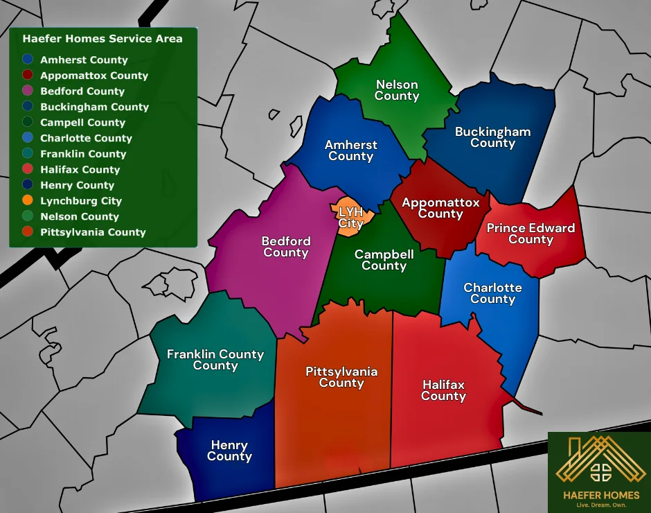 Haefer Homes service area map – Central Virginia including Lynchburg City, Bedford County, Campbell County, Appomattox County, Amherst County, Nelson County, Halifax County, Pittsylvania County, and surrounding areas